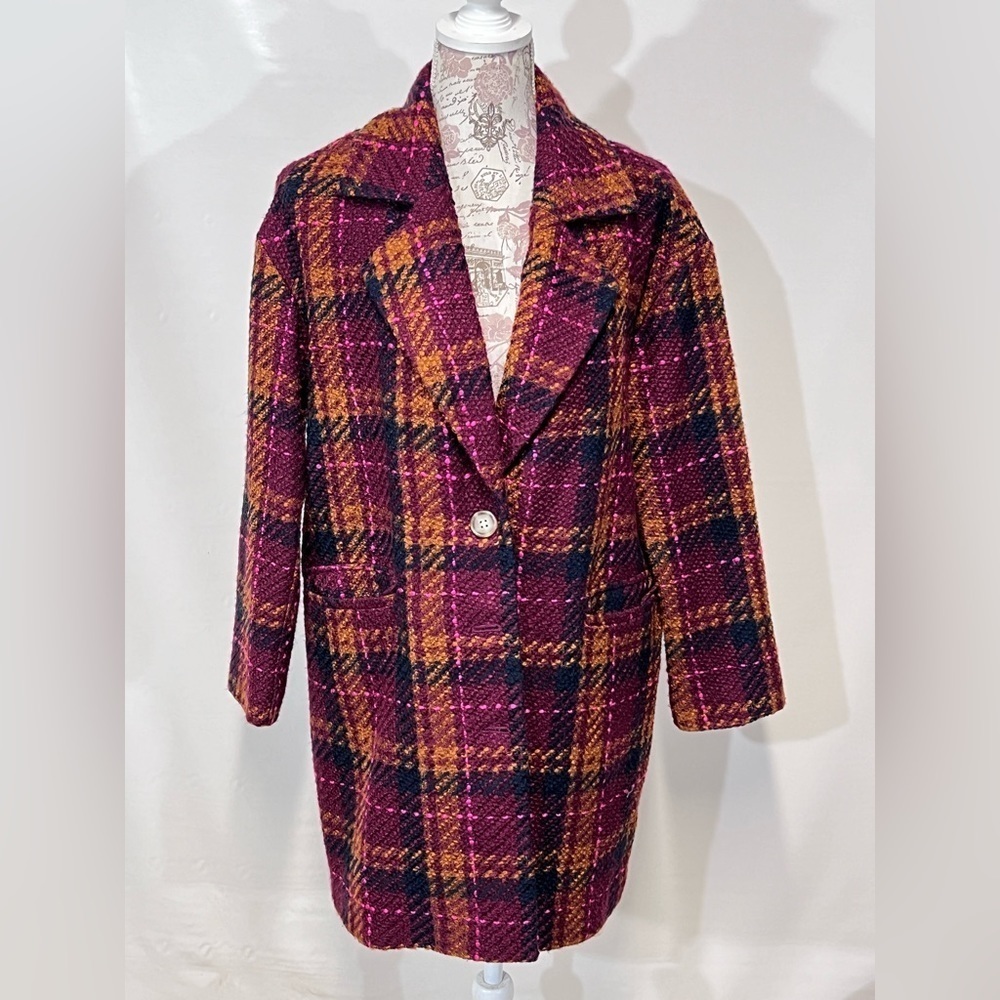 A NEW DAY Maroon, orange & black plaid wool blend jacket size M